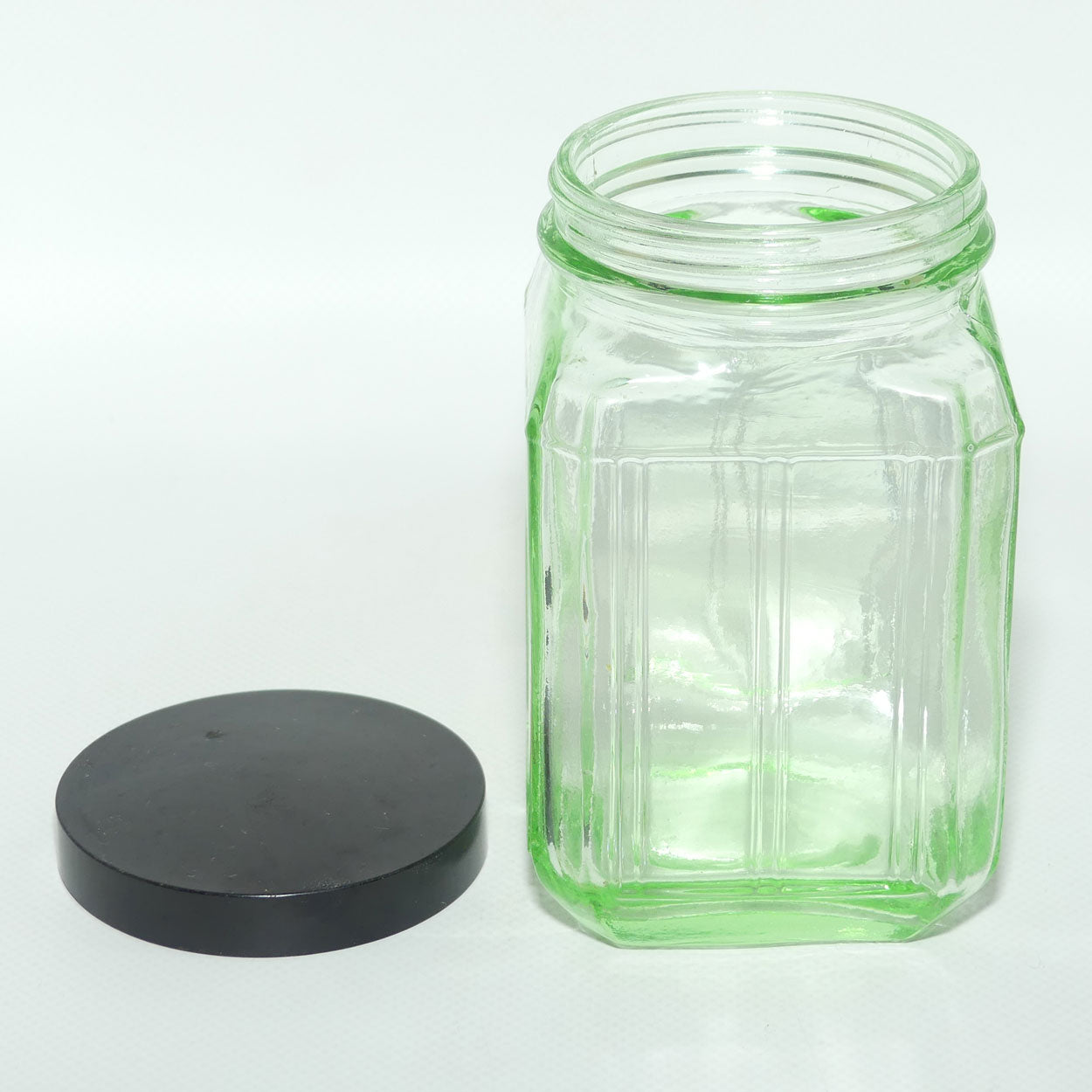 Green Glass square screw top jar | Bakelite lid | 13cm tall | #1