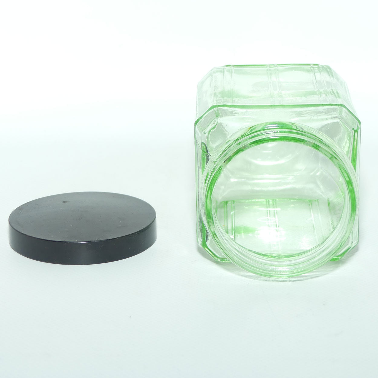 Green Glass square screw top jar | Bakelite lid | 13cm tall | #1