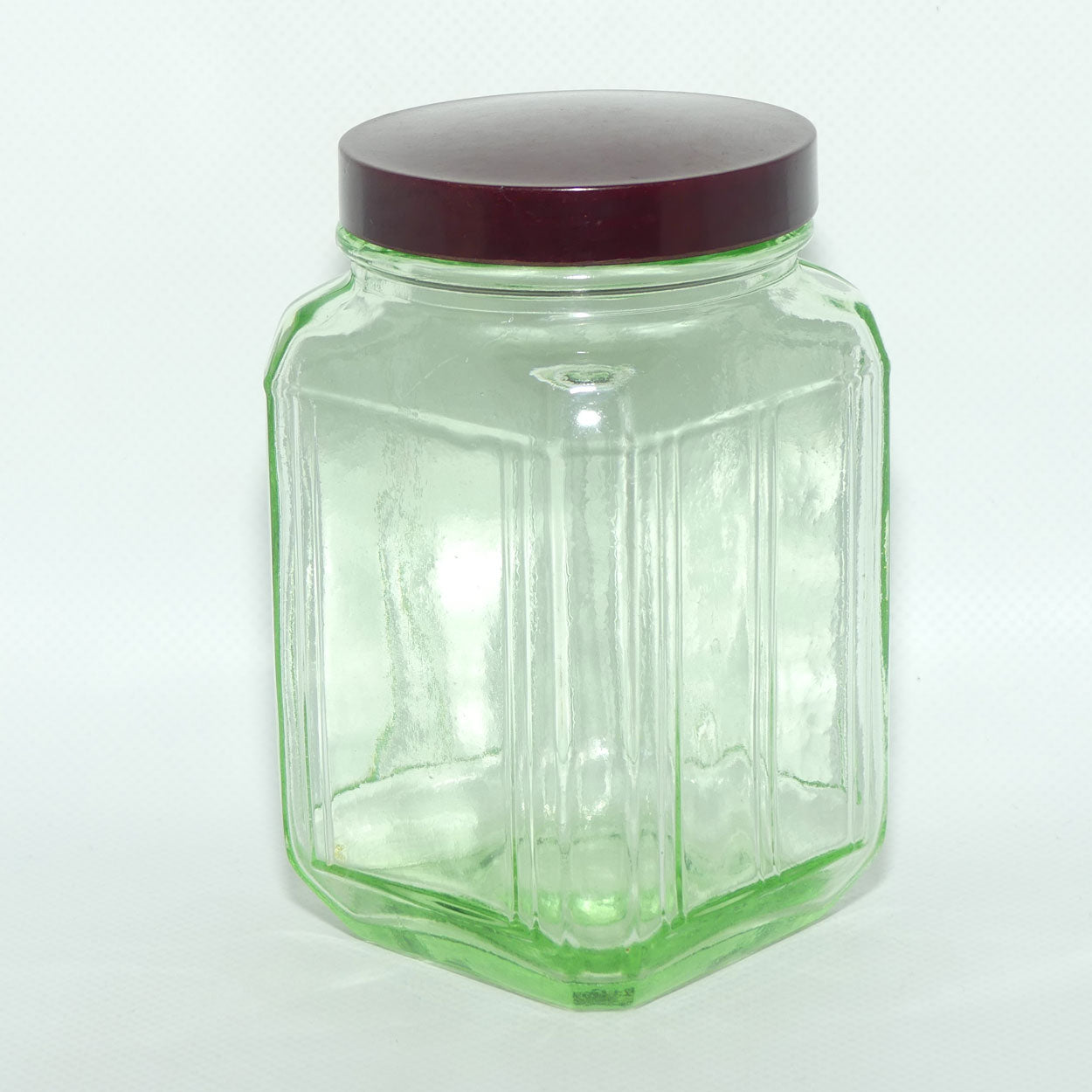 Green Glass square screw top jar | Maroon Bakelite lid | 13cm tall | #3