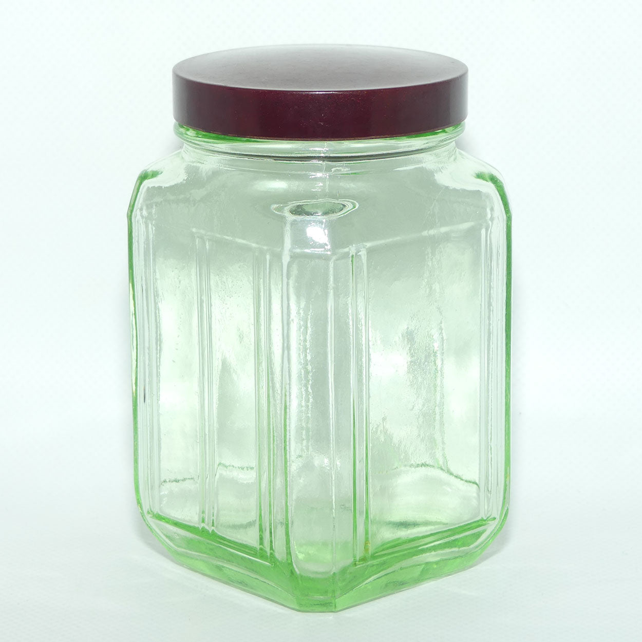 Green Glass square screw top jar | Maroon Bakelite lid | 13cm tall | #3
