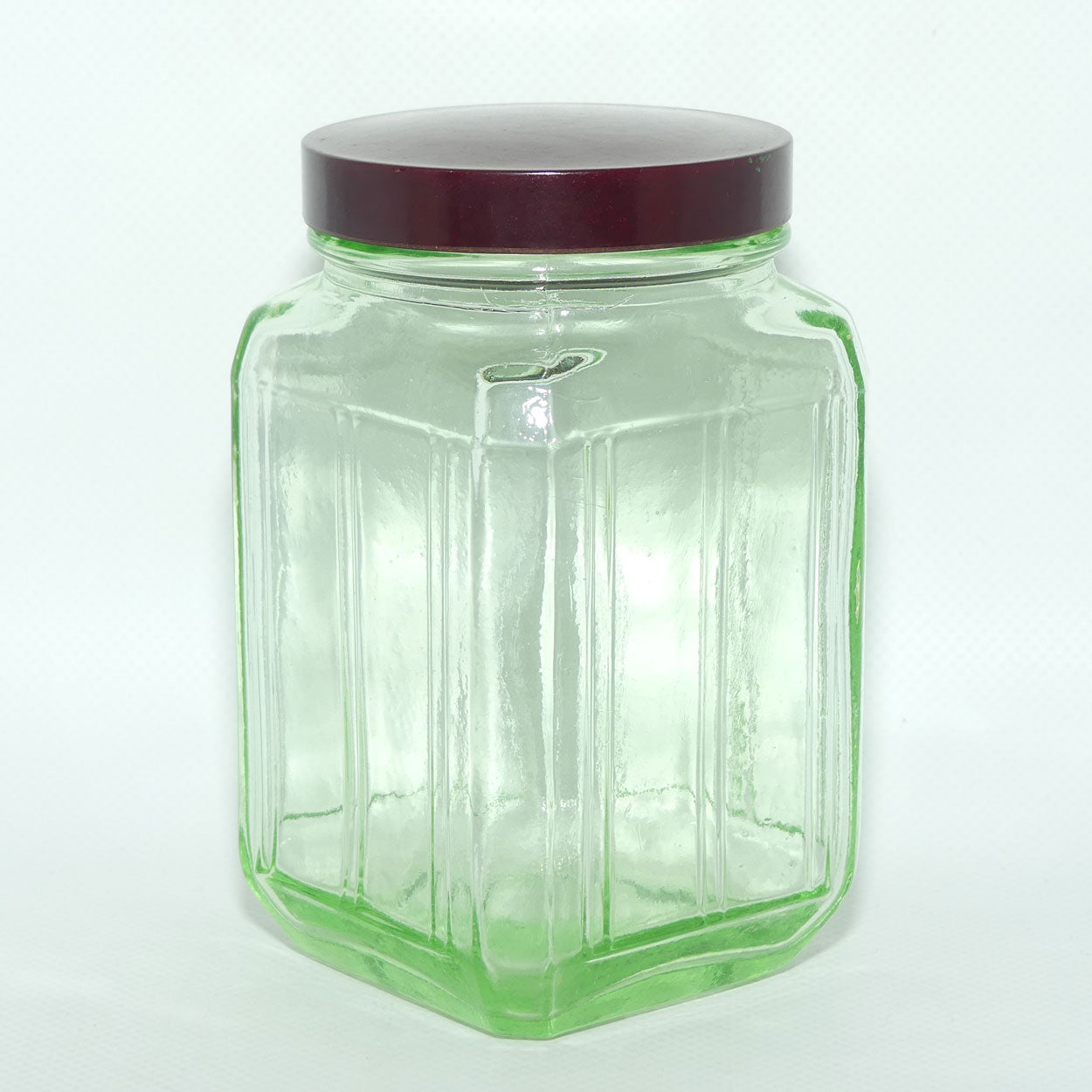 Green Glass square screw top jar | Maroon Bakelite lid | 13cm tall | #3