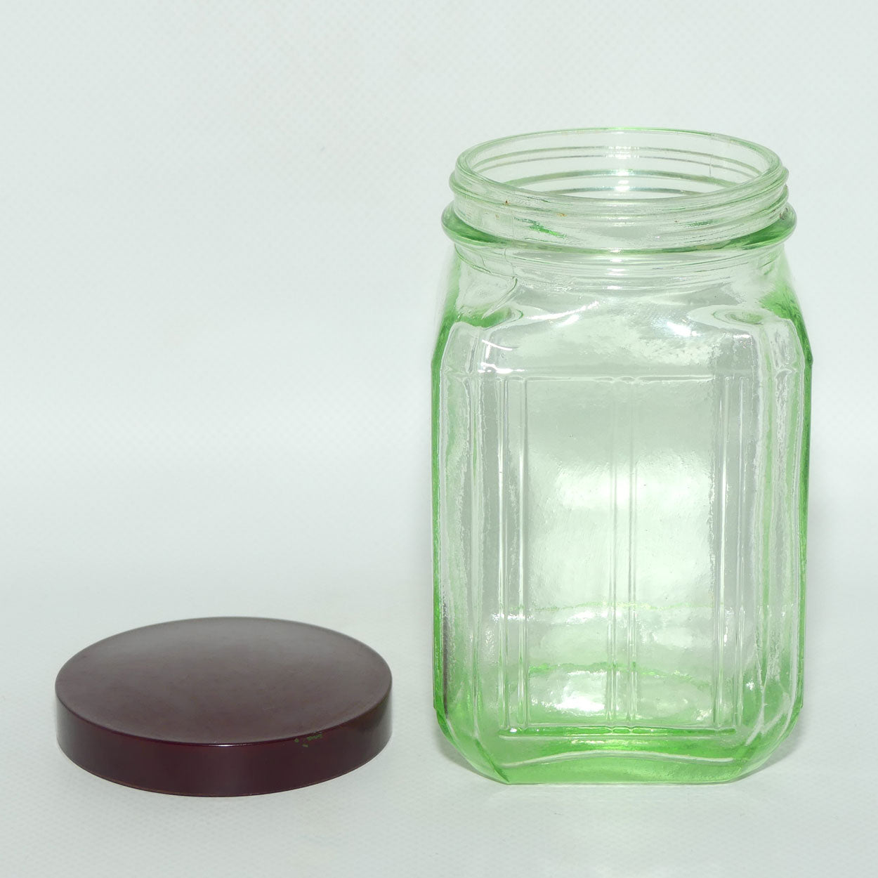 Green Glass square screw top jar | Maroon Bakelite lid | 13cm tall | #3