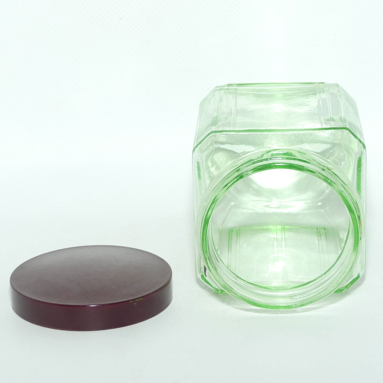 Green Glass square screw top jar | Maroon Bakelite lid | 13cm tall | #3