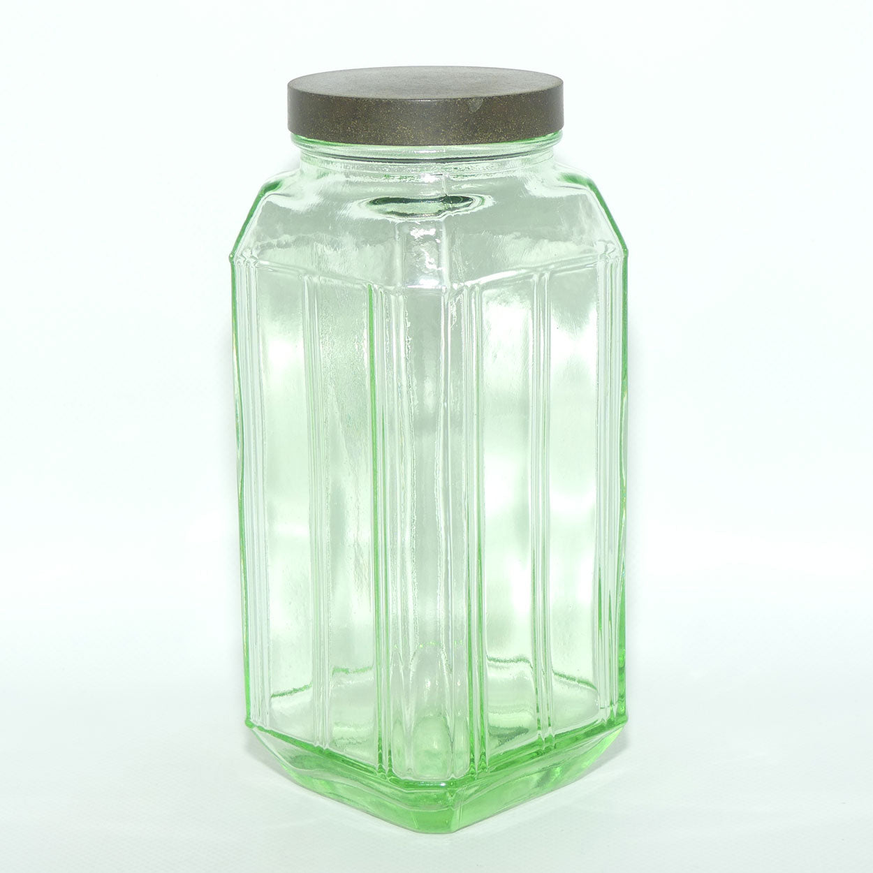 Green Glass square screw top jar | Bakelite lid | 20cm tall