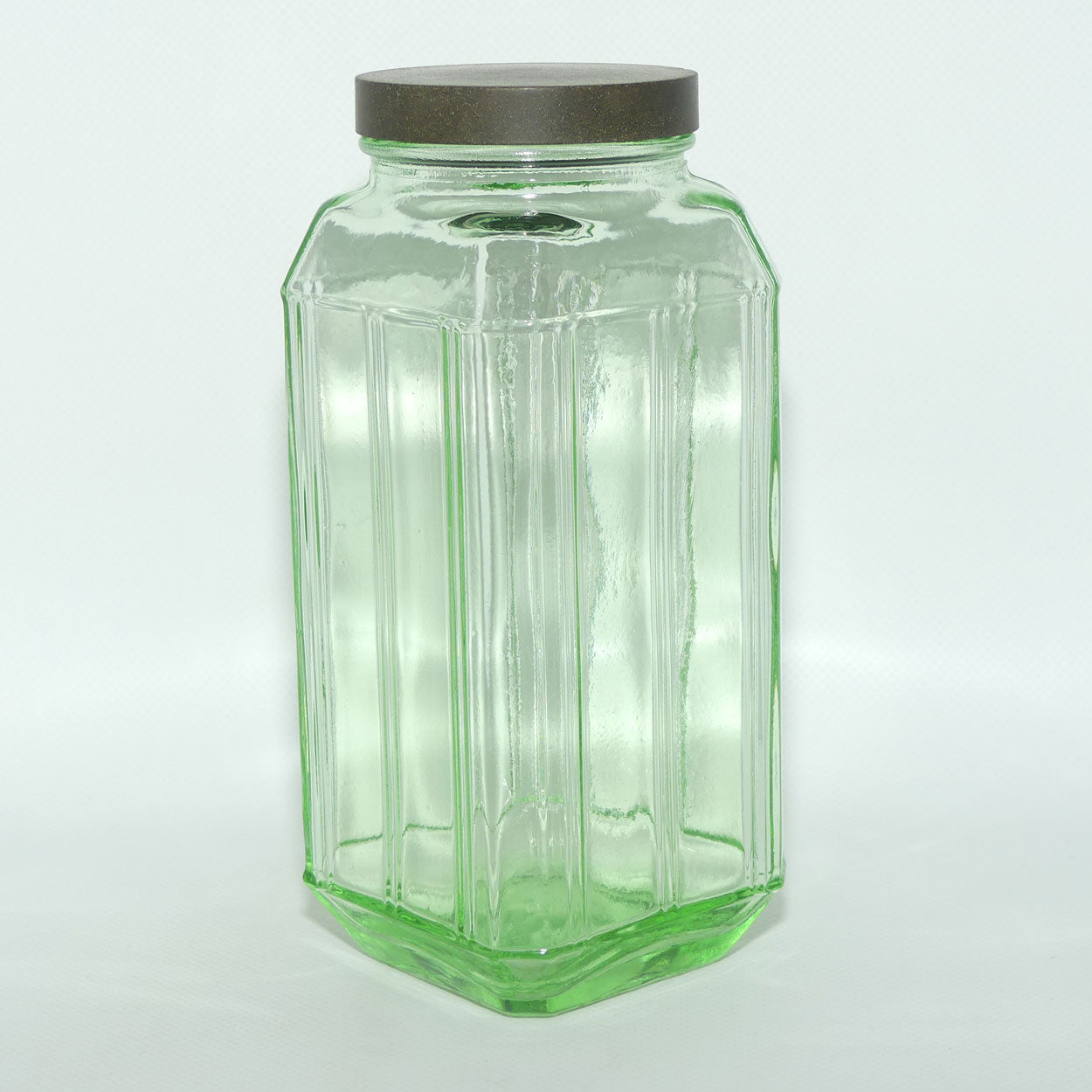 Green Glass square screw top jar | Bakelite lid | 20cm tall