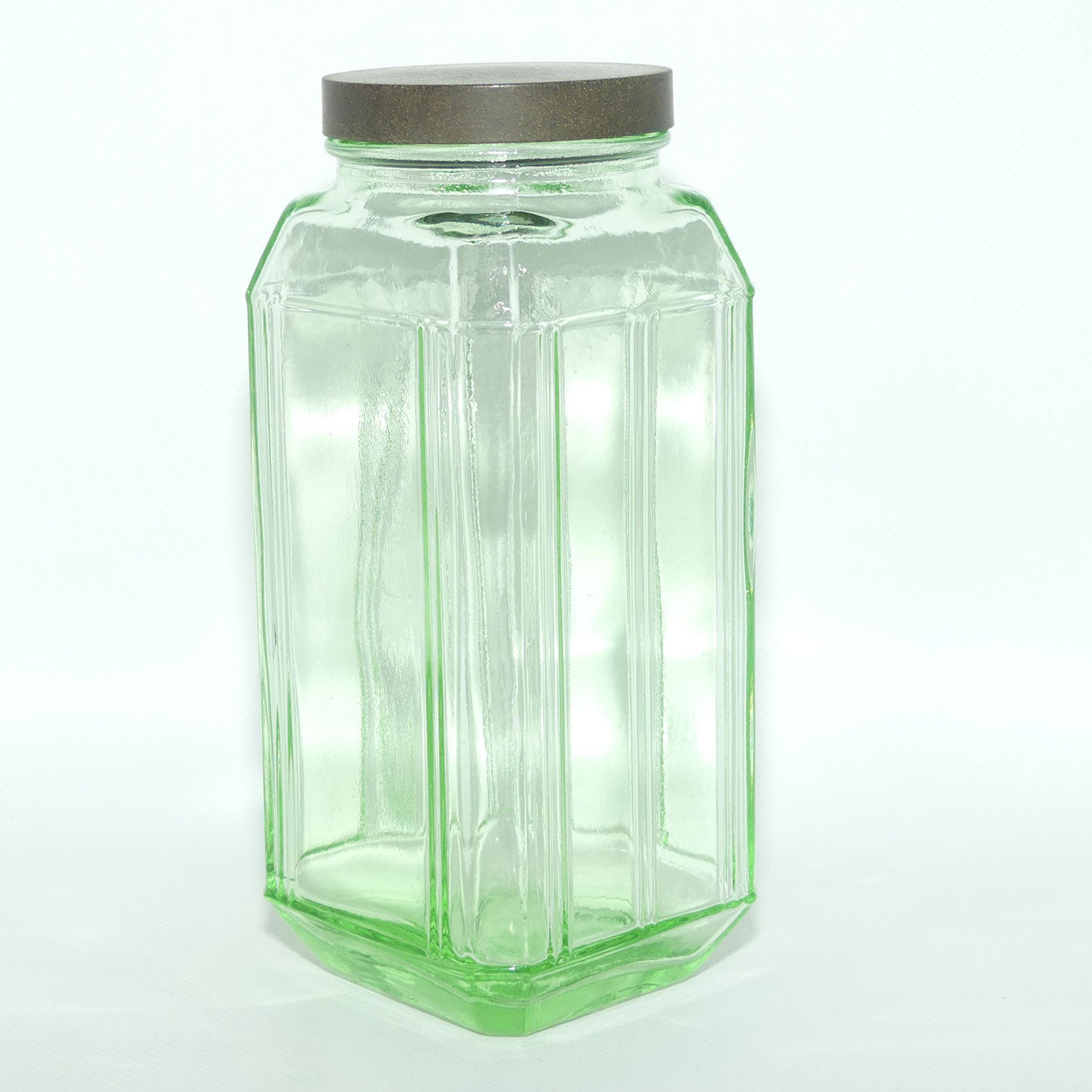 Green Glass square screw top jar | Bakelite lid | 20cm tall
