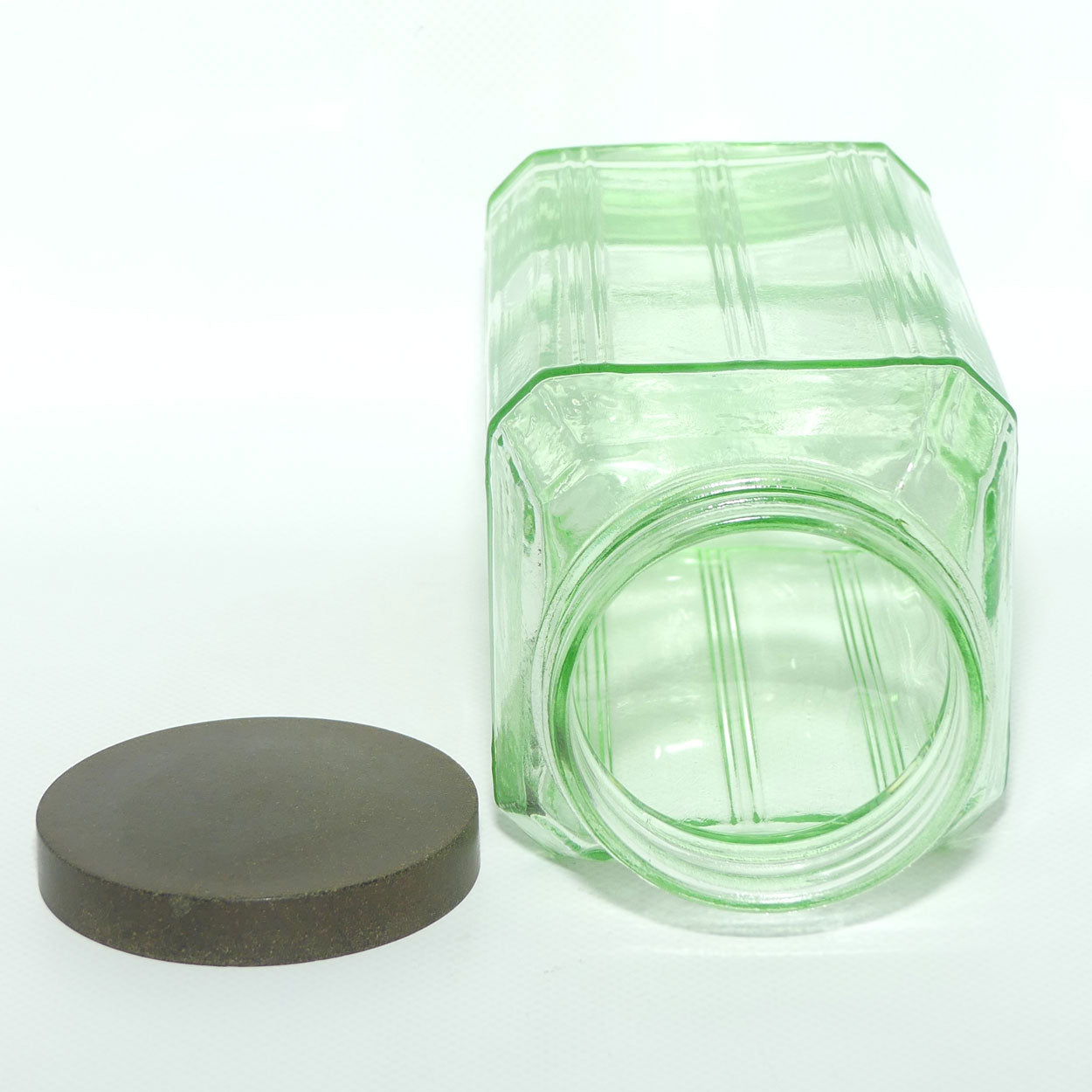 Green Glass square screw top jar | Bakelite lid | 20cm tall