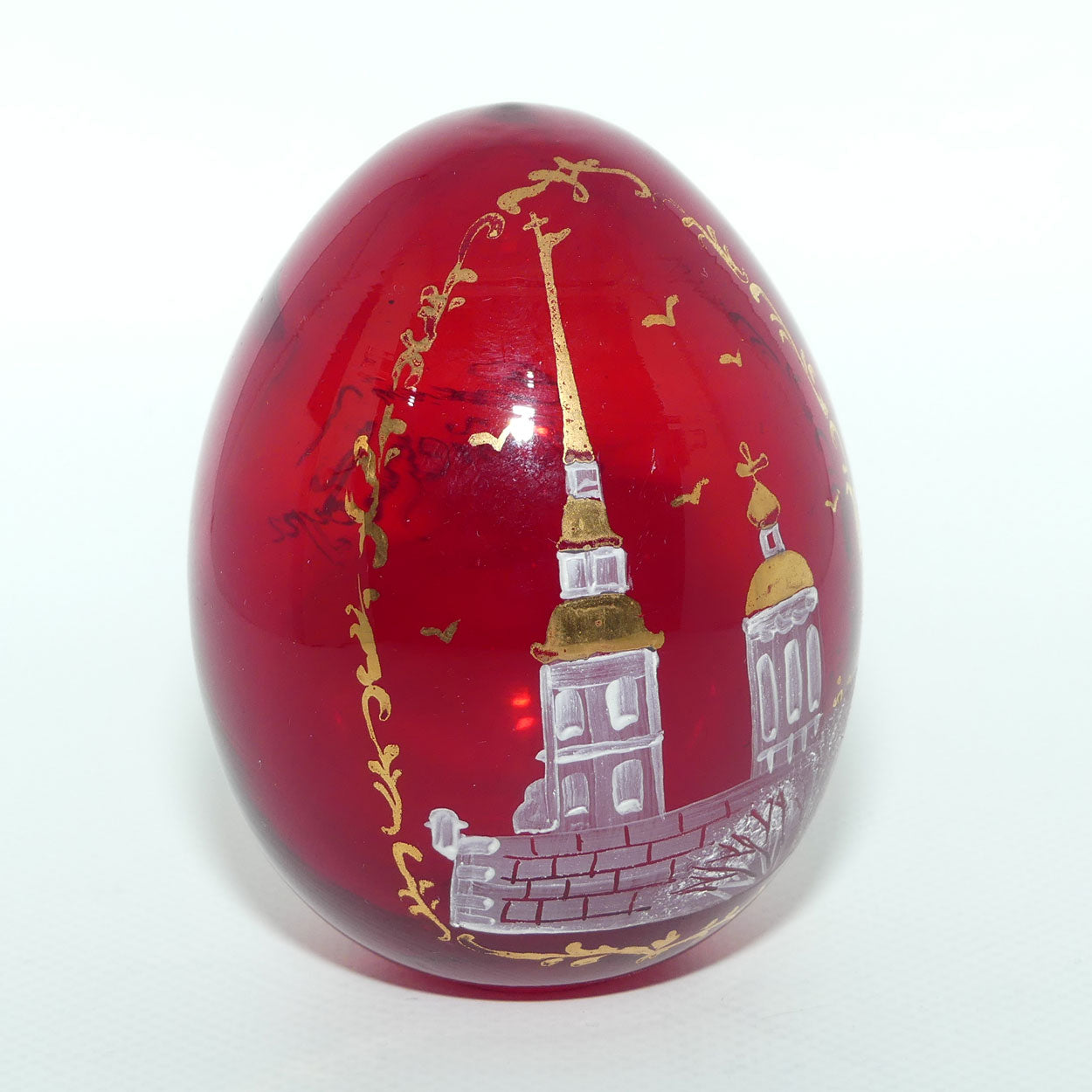 Vintage Hand Painted and Gilt on Glass Russian Glass Egg