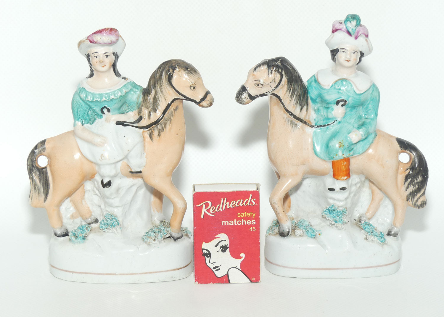 Antique Staffordshire Pottery Pair of Flatback Figures | Man and Lady on Horses