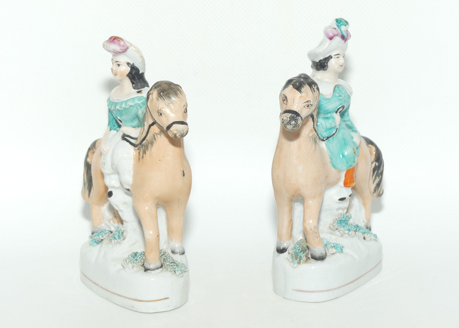Antique Staffordshire Pottery Pair of Flatback Figures | Man and Lady on Horses