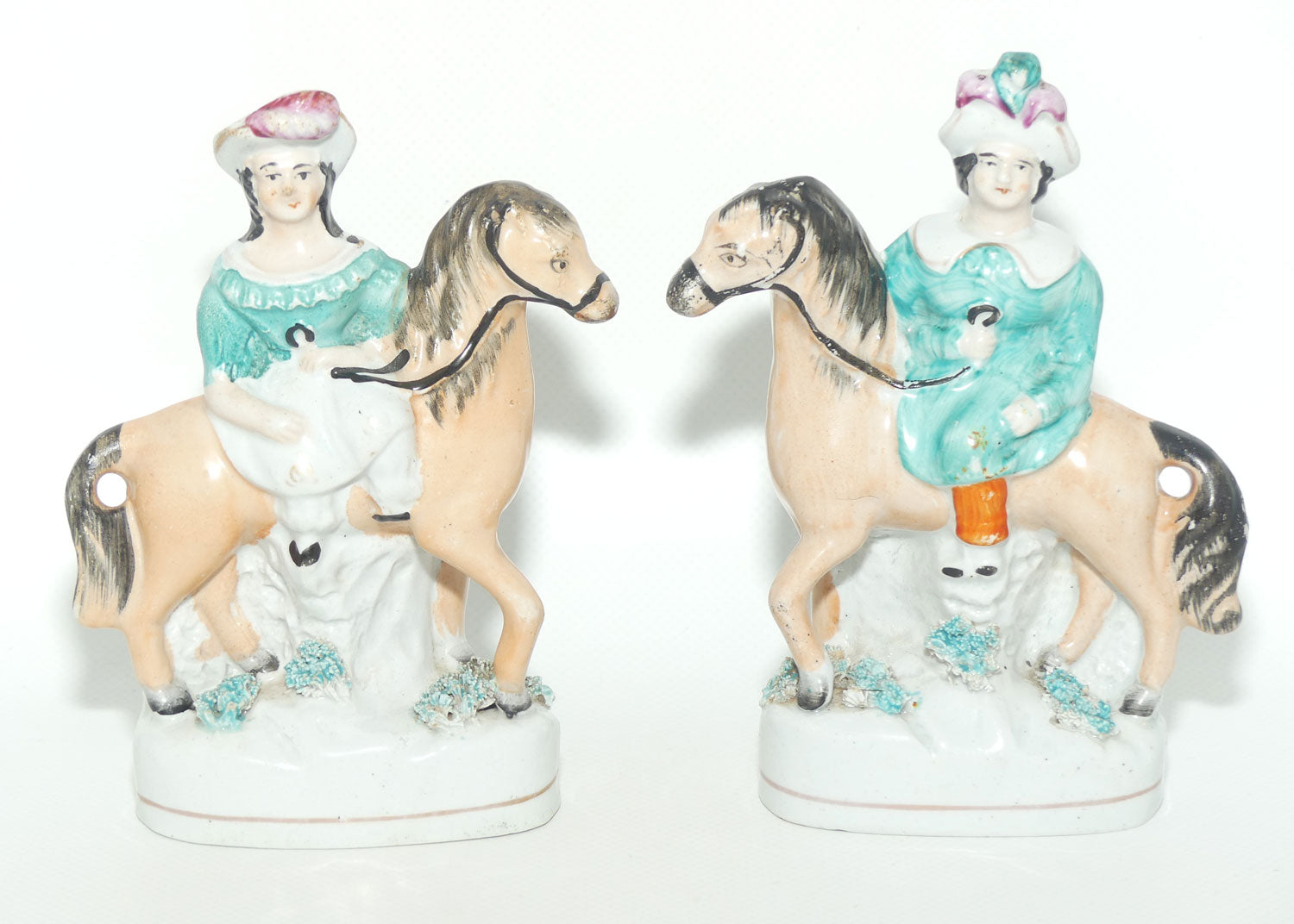 Antique Staffordshire Pottery Pair of Flatback Figures | Man and Lady on Horses
