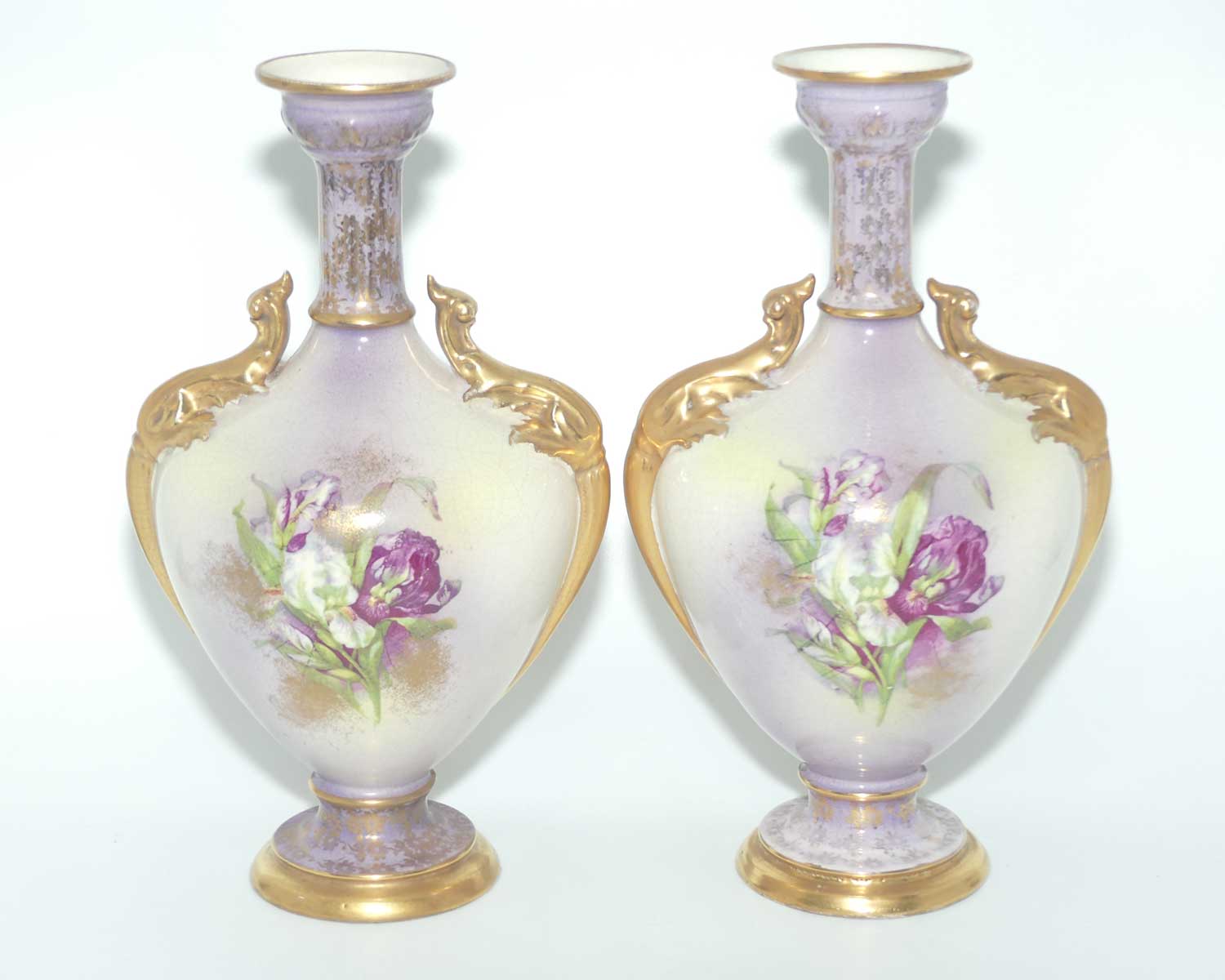 Pair of Victorian era Staffordshire vases | Gilt decoration and Purple tones