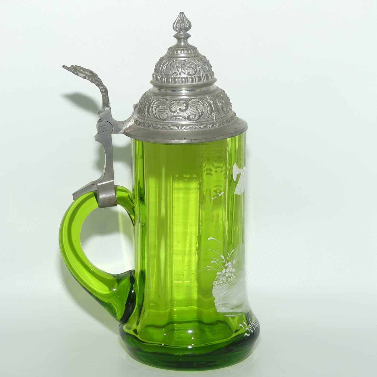 Green Mary Gregory glass Stein Behut Dich Gott