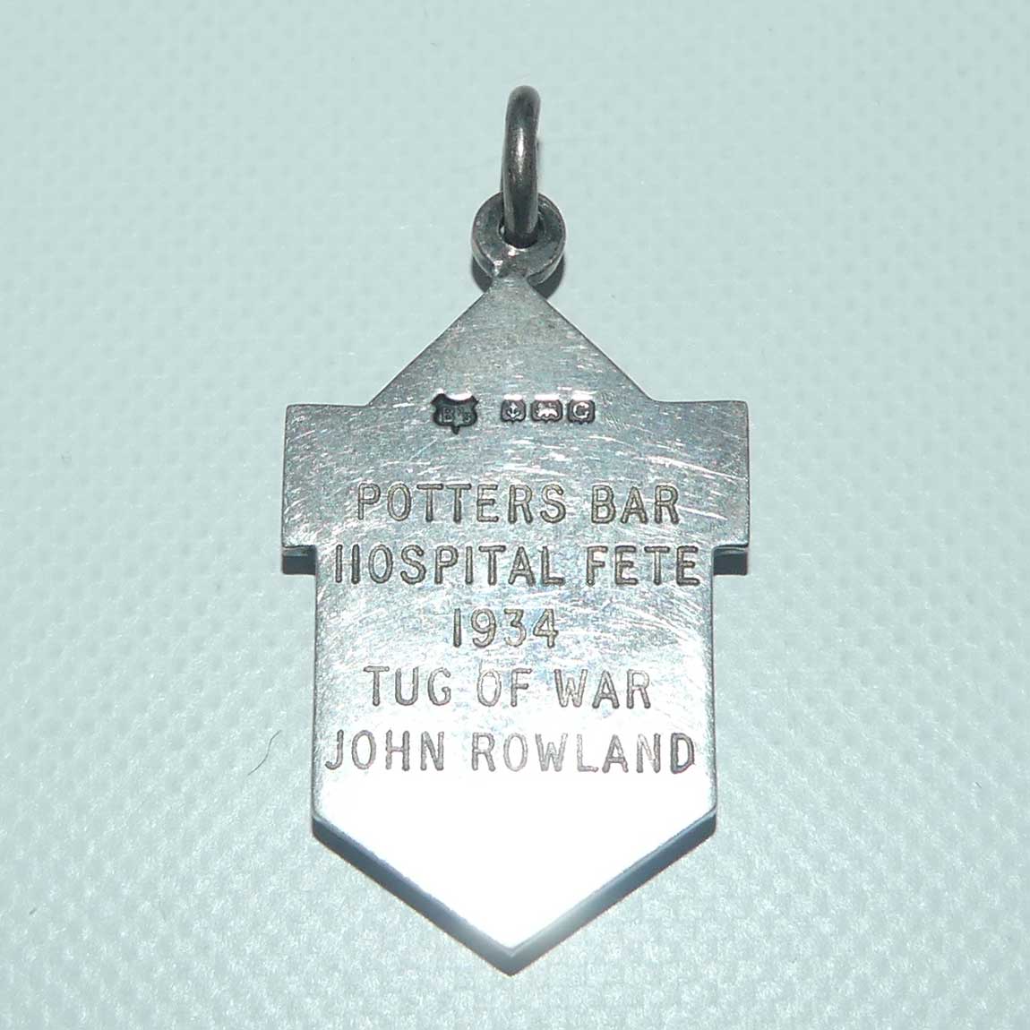 Art Deco Sterling Silver fob | Potter's Bar Hospital Fete 1934 Tug of War John Rowland | Birmingham 1931
