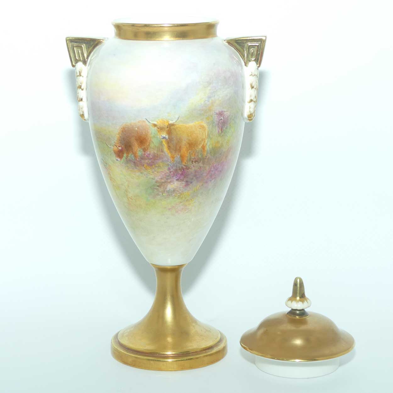 Royal Worcester hand painted Highland Cattle lidded vase with gilt | H Stinton | Shape 2713/2