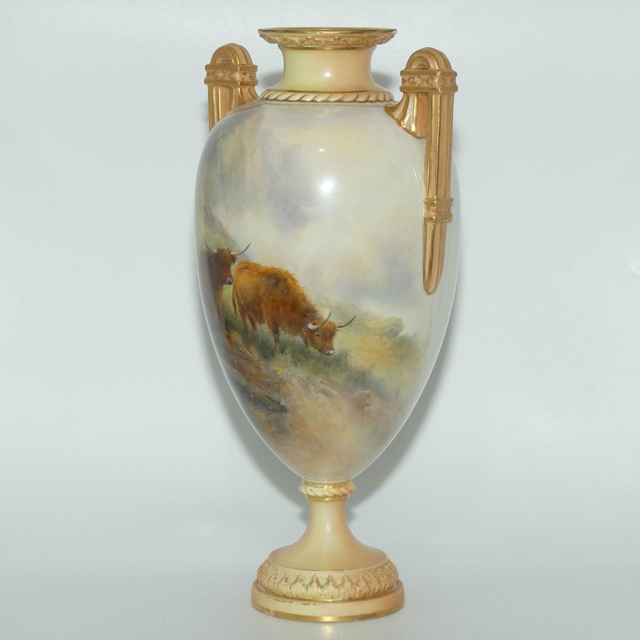 Royal Worcester hand painted twin handle Highland Cattle vase | John Stinton | #1 
