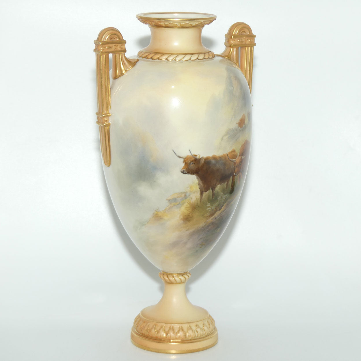 Royal Worcester hand painted twin handle Highland Cattle vase | John Stinton | #2