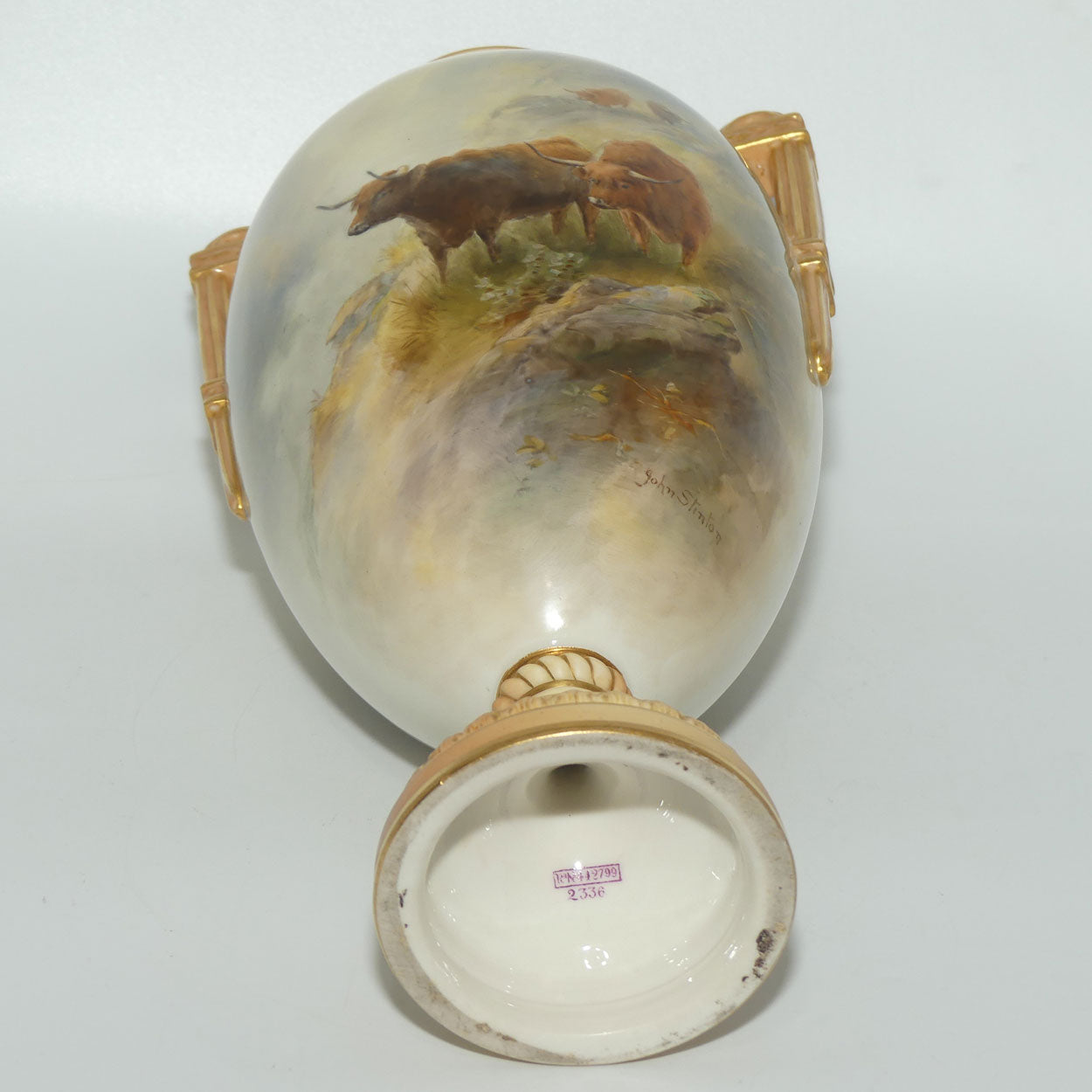 Royal Worcester hand painted twin handle Highland Cattle vase | John Stinton | #2