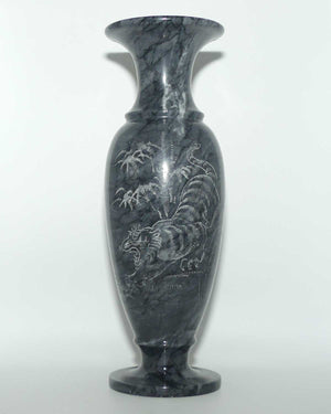 Vintage Black Marble vase decorated with etched Sumatran Tiger | 30cm tall