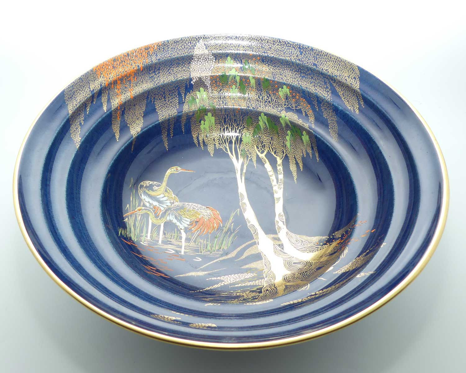 Carlton Ware very large round bowl | Storks on Blue Ground | 31.5cms diam