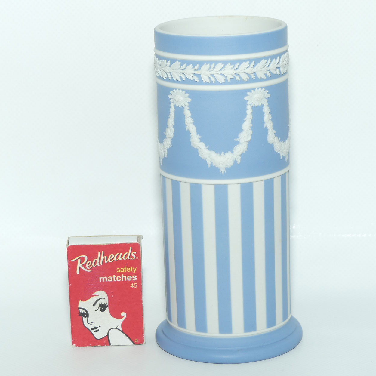 Wedgwood Jasper | White on Pale Blue | Vertical Stripes with Neoclassical Garland cylinder vase