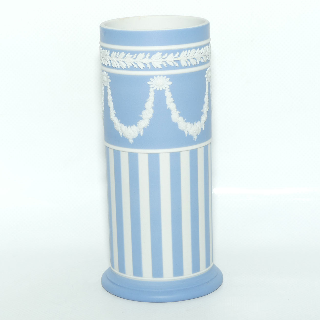 Wedgwood Jasper | White on Pale Blue | Vertical Stripes with Neoclassical Garland cylinder vase