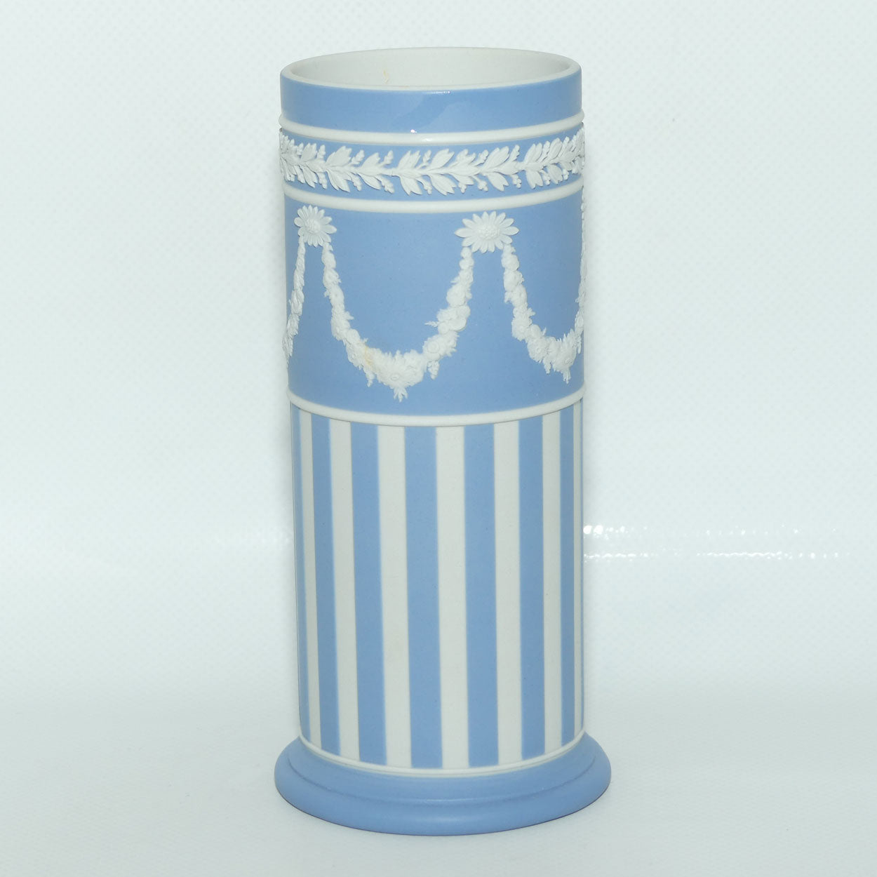 Wedgwood Jasper | White on Pale Blue | Vertical Stripes with Neoclassical Garland cylinder vase