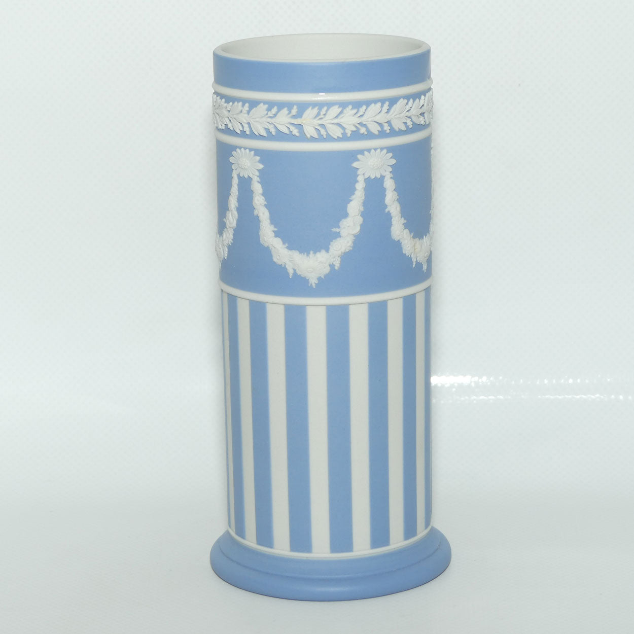 Wedgwood Jasper | White on Pale Blue | Vertical Stripes with Neoclassical Garland cylinder vase