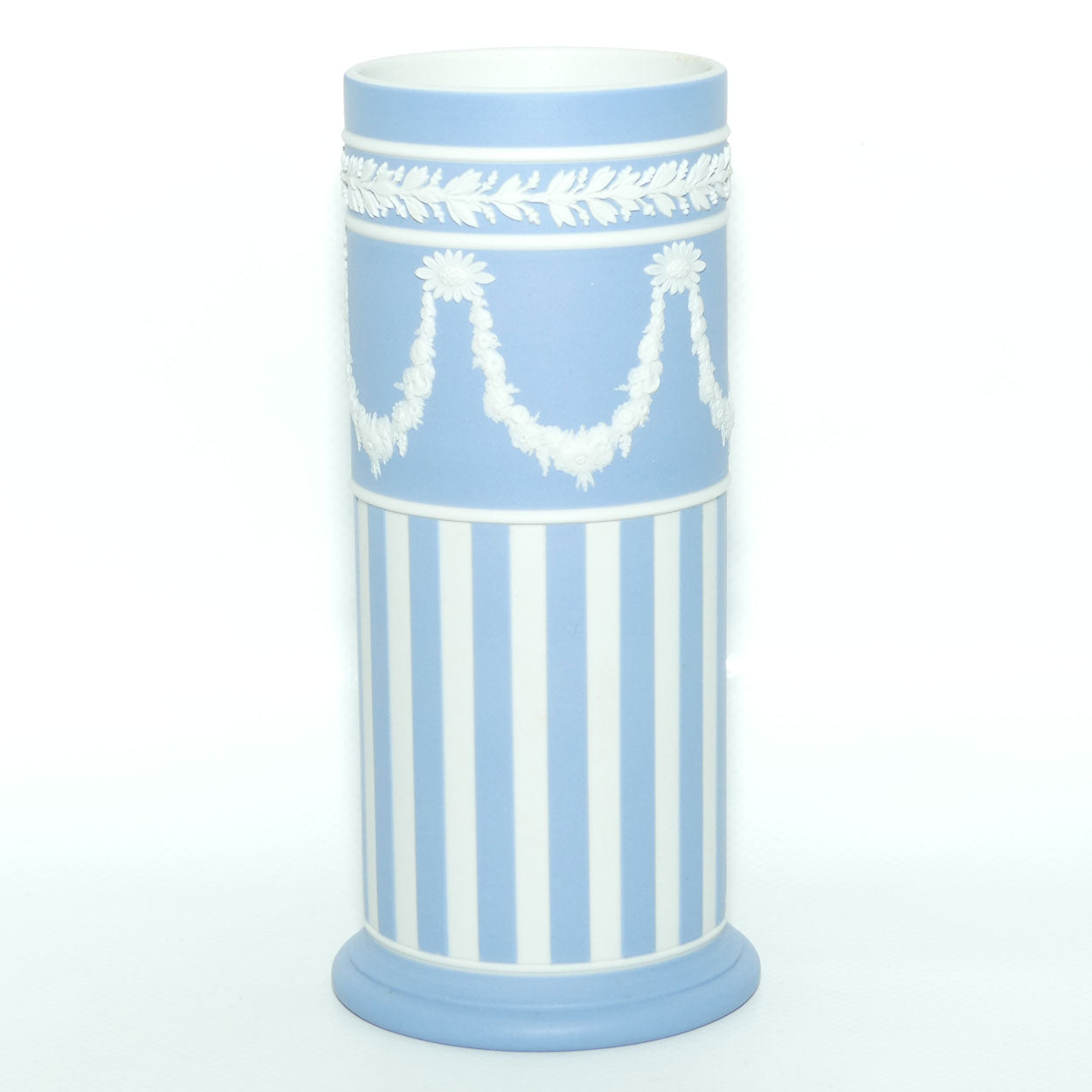 Wedgwood Jasper | White on Pale Blue | Vertical Stripes with Neoclassical Garland cylinder vase
