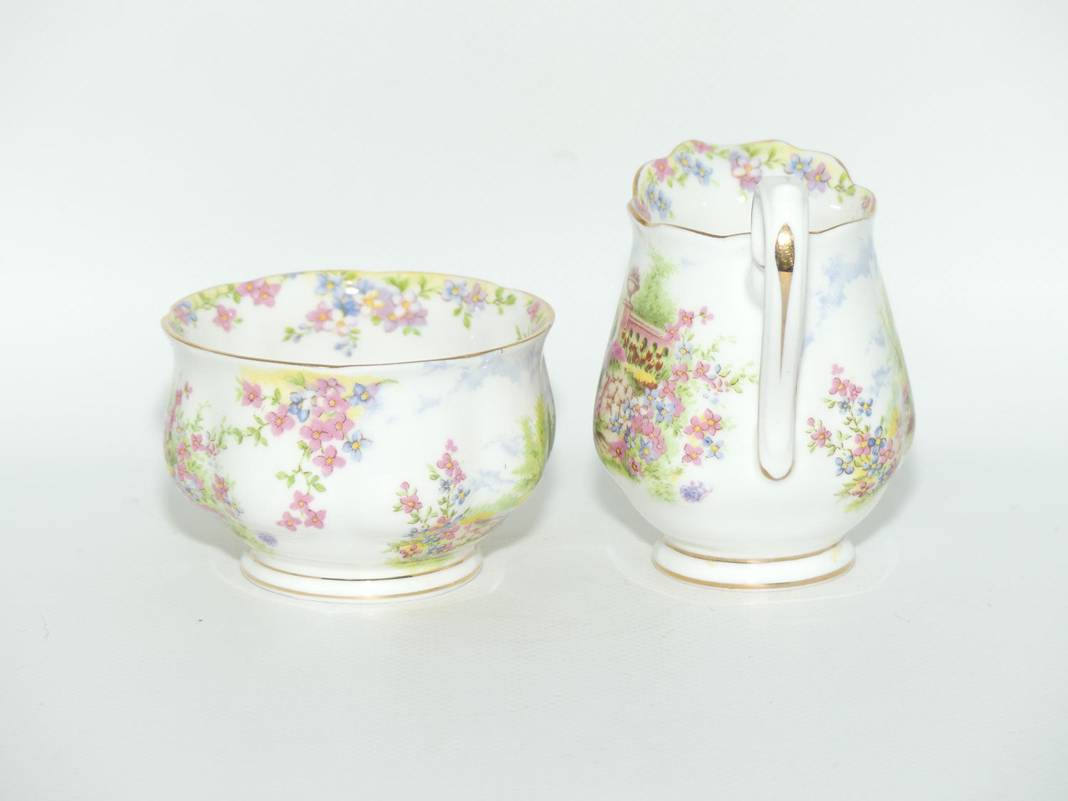 Royal Albert Bone China Kentish Rockery pattern milk and sugar | coffee size | older Hampton shape