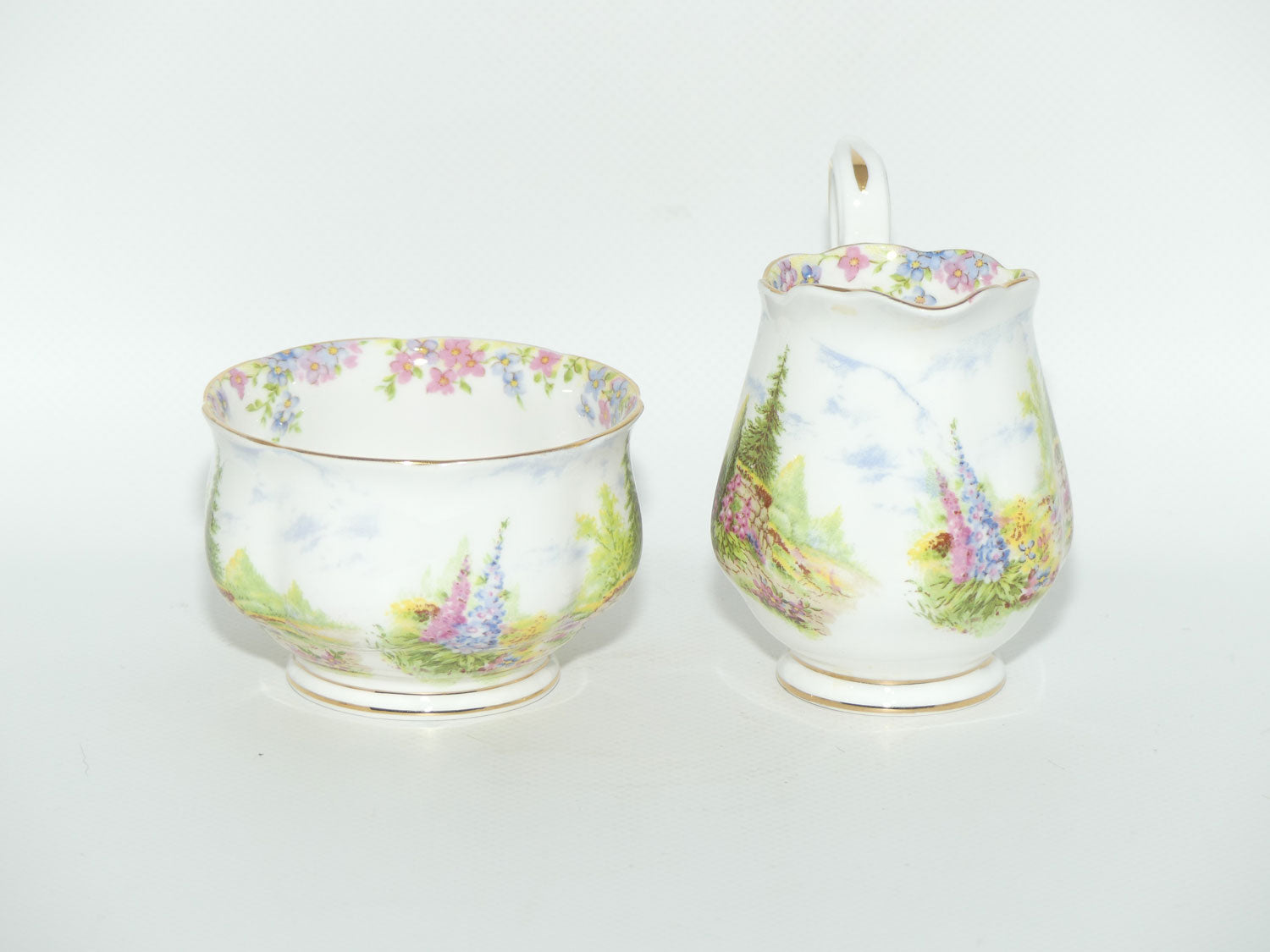 Royal Albert Bone China Kentish Rockery pattern milk and sugar | coffee size | older Hampton shape