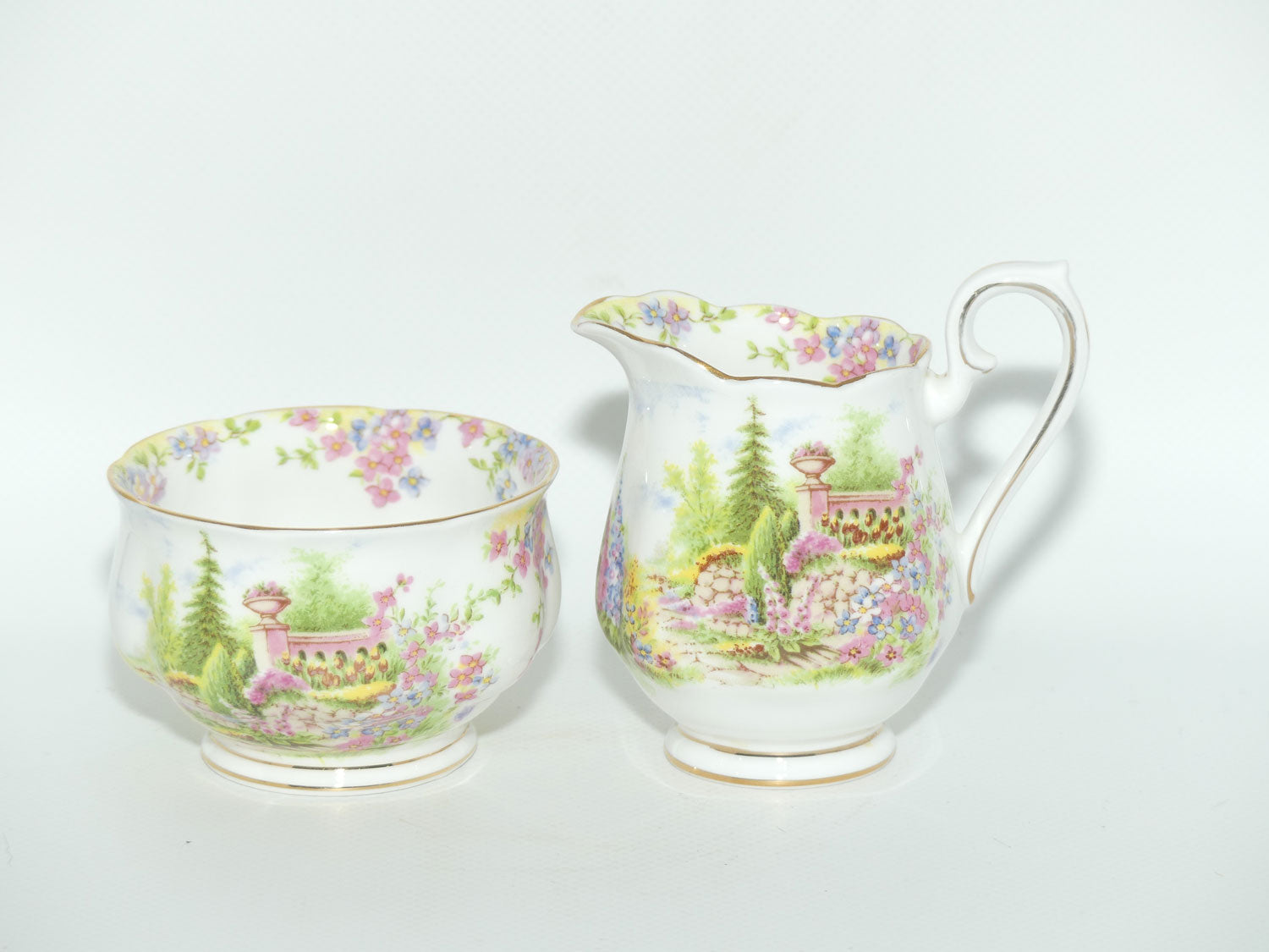 Royal Albert Bone China Kentish Rockery pattern milk and sugar | coffee size | older Hampton shape