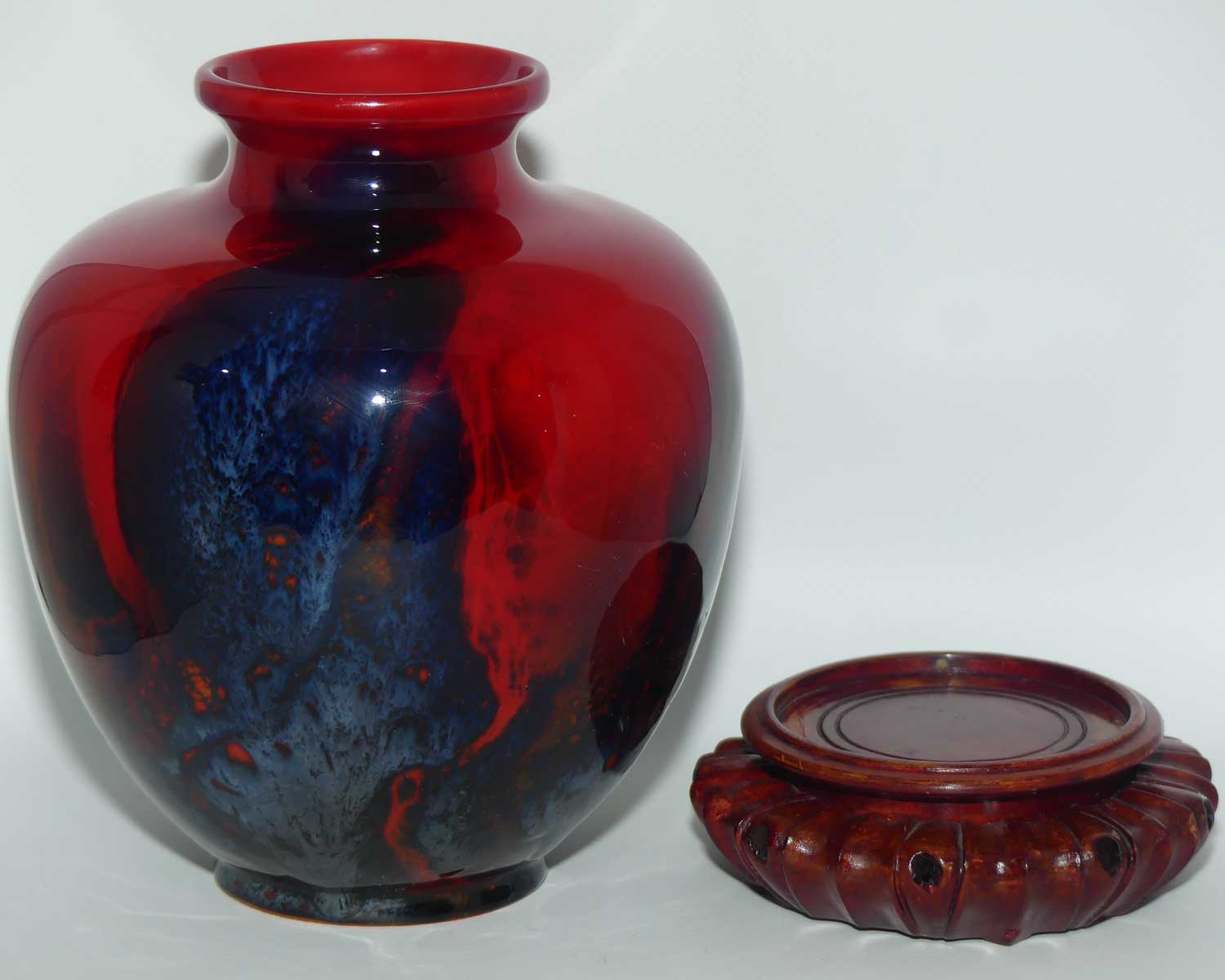 Royal Doulton Flambe Sung veined and mottled bulbous vase | signed FM Moore