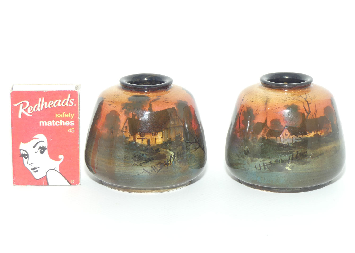 Royal Doulton pair of miniature hand painted Sunset vases