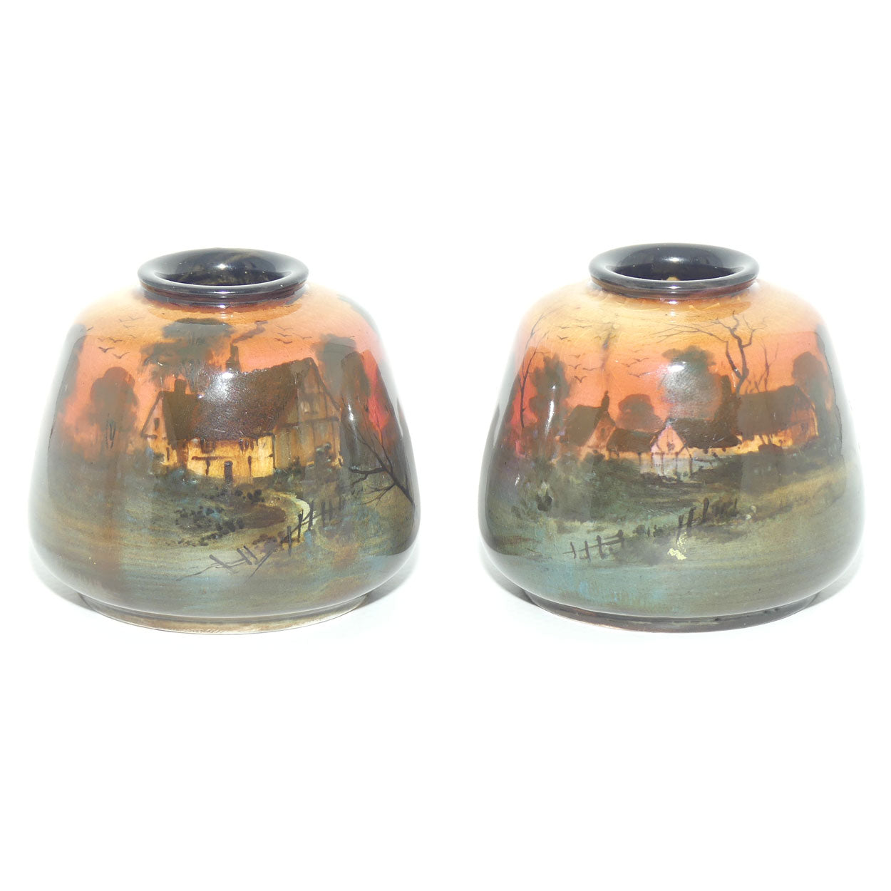 Royal Doulton pair of miniature hand painted Sunset vases