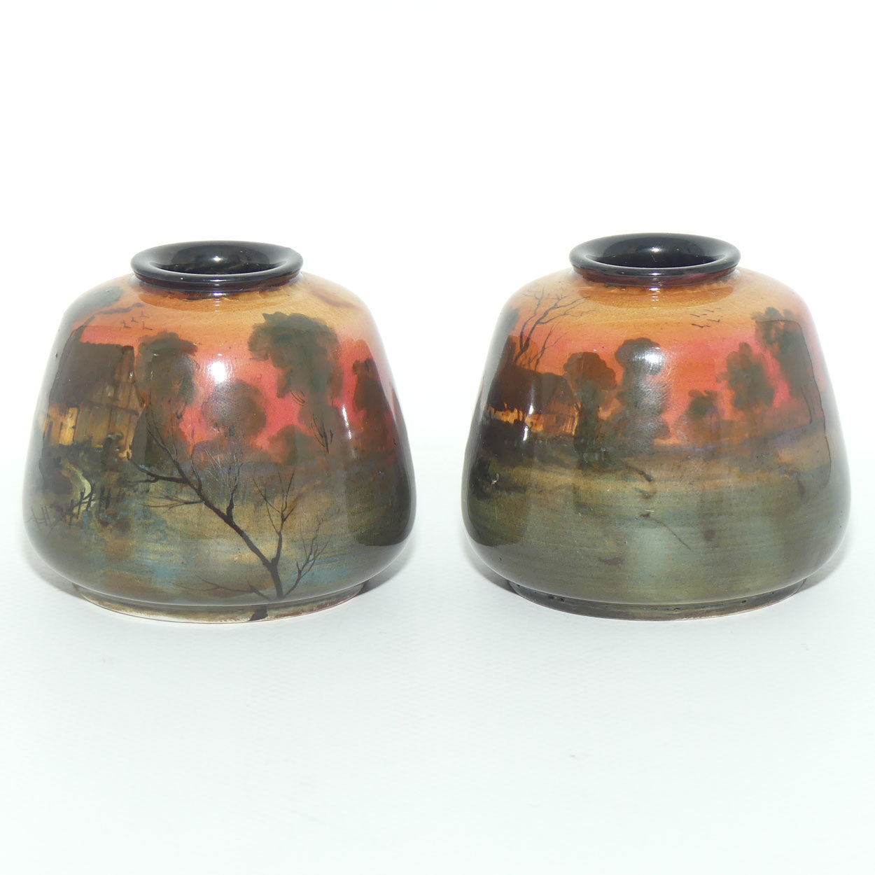 Royal Doulton pair of miniature hand painted Sunset vases