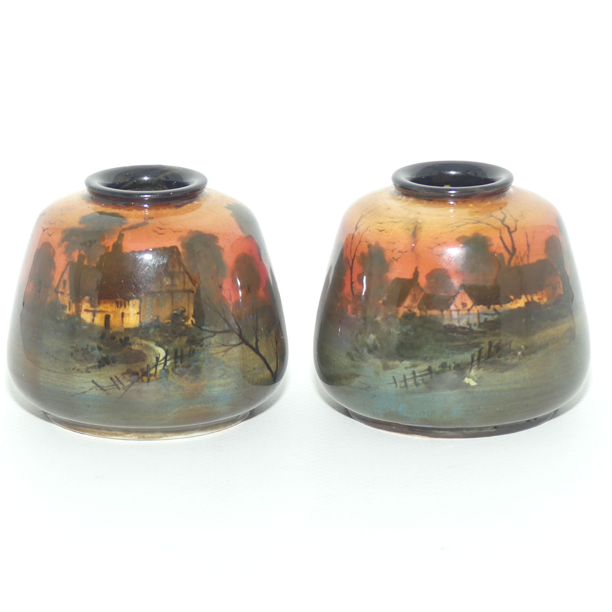 Royal Doulton pair of miniature hand painted Sunset vases