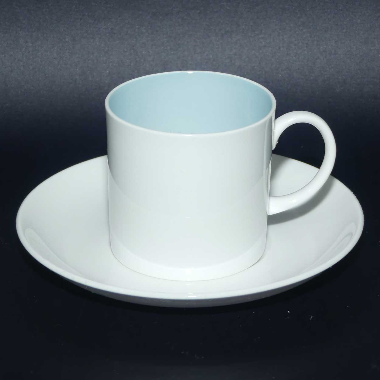 Susie Cooper coffee can and saucer | Greyish Sky Blue Interior and White