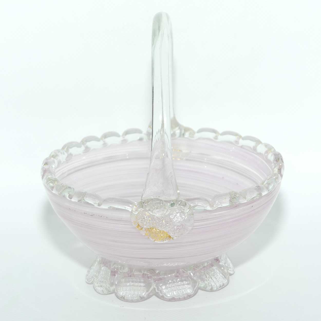 Pink Swirl Murano glass basket with crimped feet and applied handle