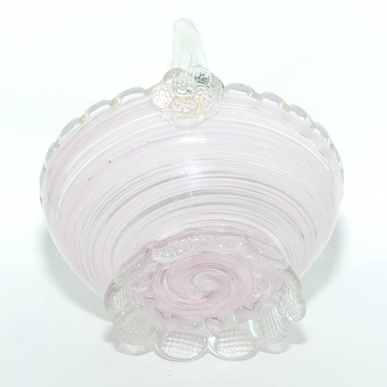 Pink Swirl Murano glass basket with crimped feet and applied handle