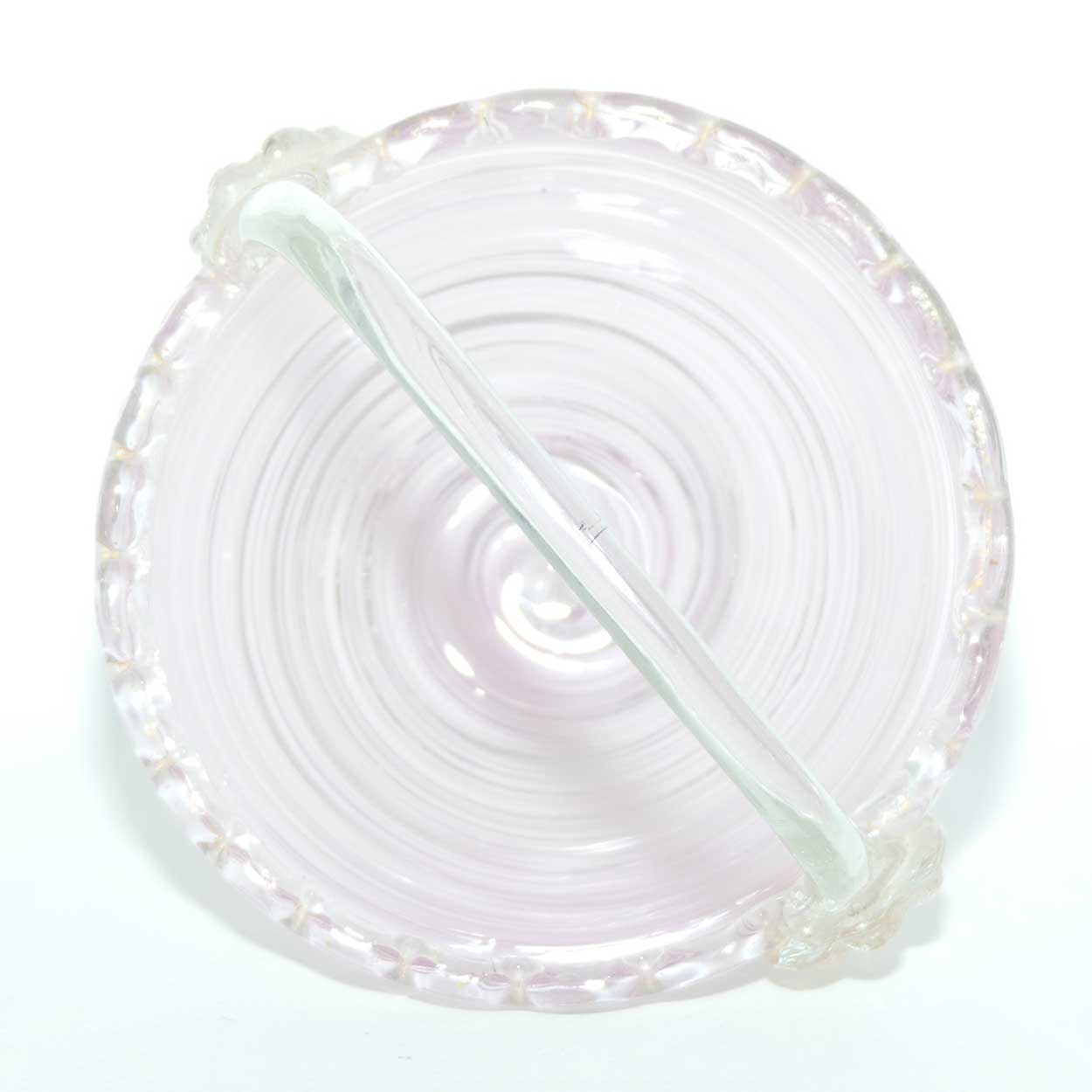 Pink Swirl Murano glass basket with crimped feet and applied handle