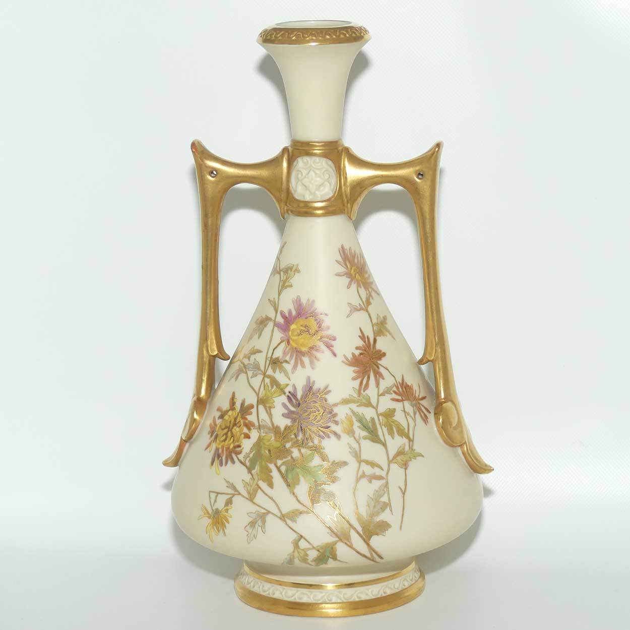 Royal Worcester Blush Ivory hand painted tall bulbous vase with vertical gilt handles