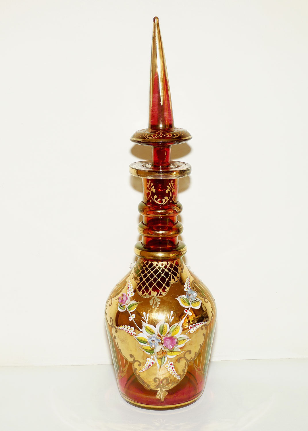 Large Bohemian Glass Hand Painted and Floral Encrusted decanter | 48cm tall | #1