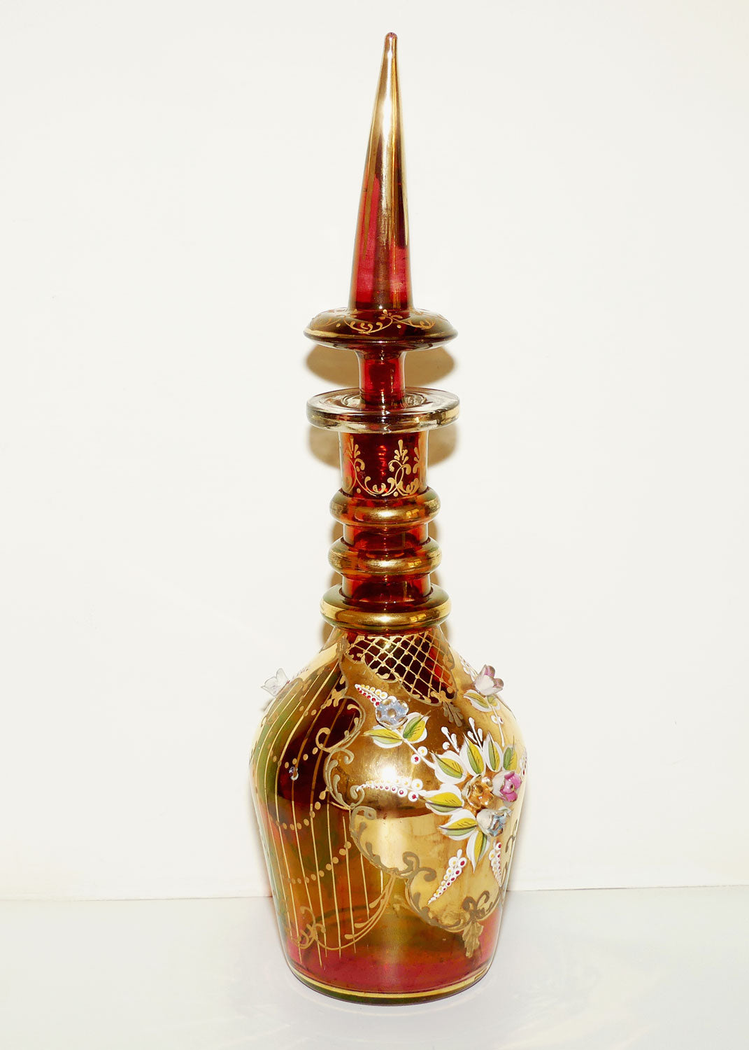 Large Bohemian Glass Hand Painted and Floral Encrusted decanter | 48cm tall | #1