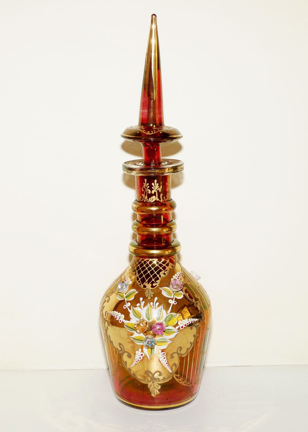 Large Bohemian Glass Hand Painted and Floral Encrusted decanter | 48cm tall | #1