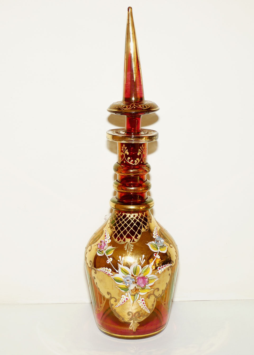 Large Bohemian Glass Hand Painted and Floral Encrusted decanter | 48cm tall | #1
