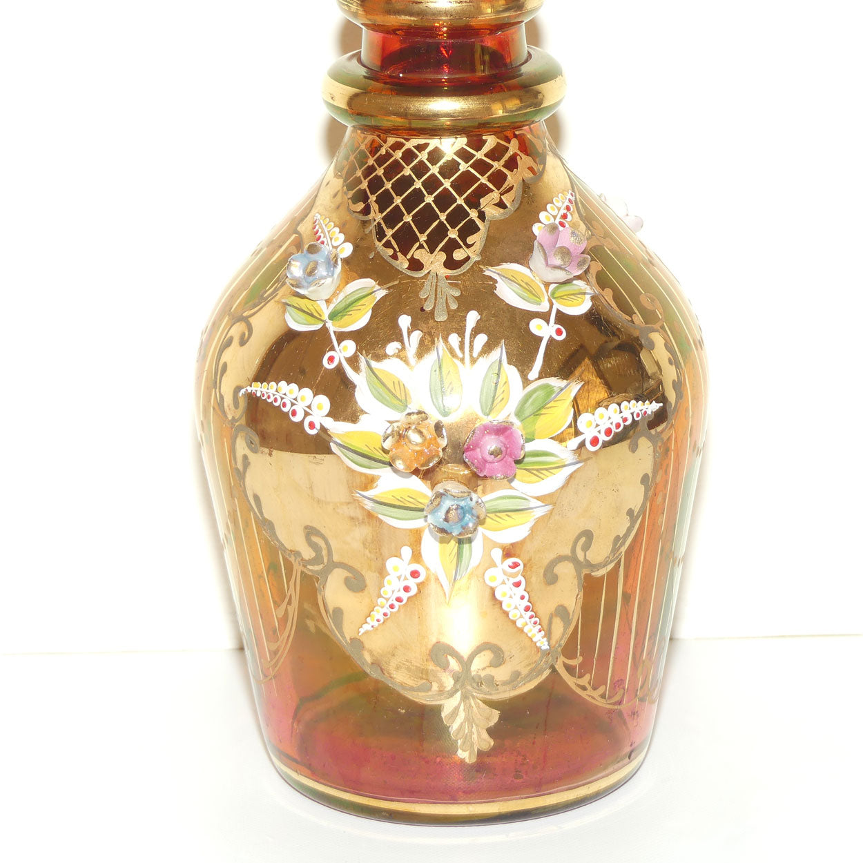 Large Bohemian Glass Hand Painted and Floral Encrusted decanter | 48cm tall | #1