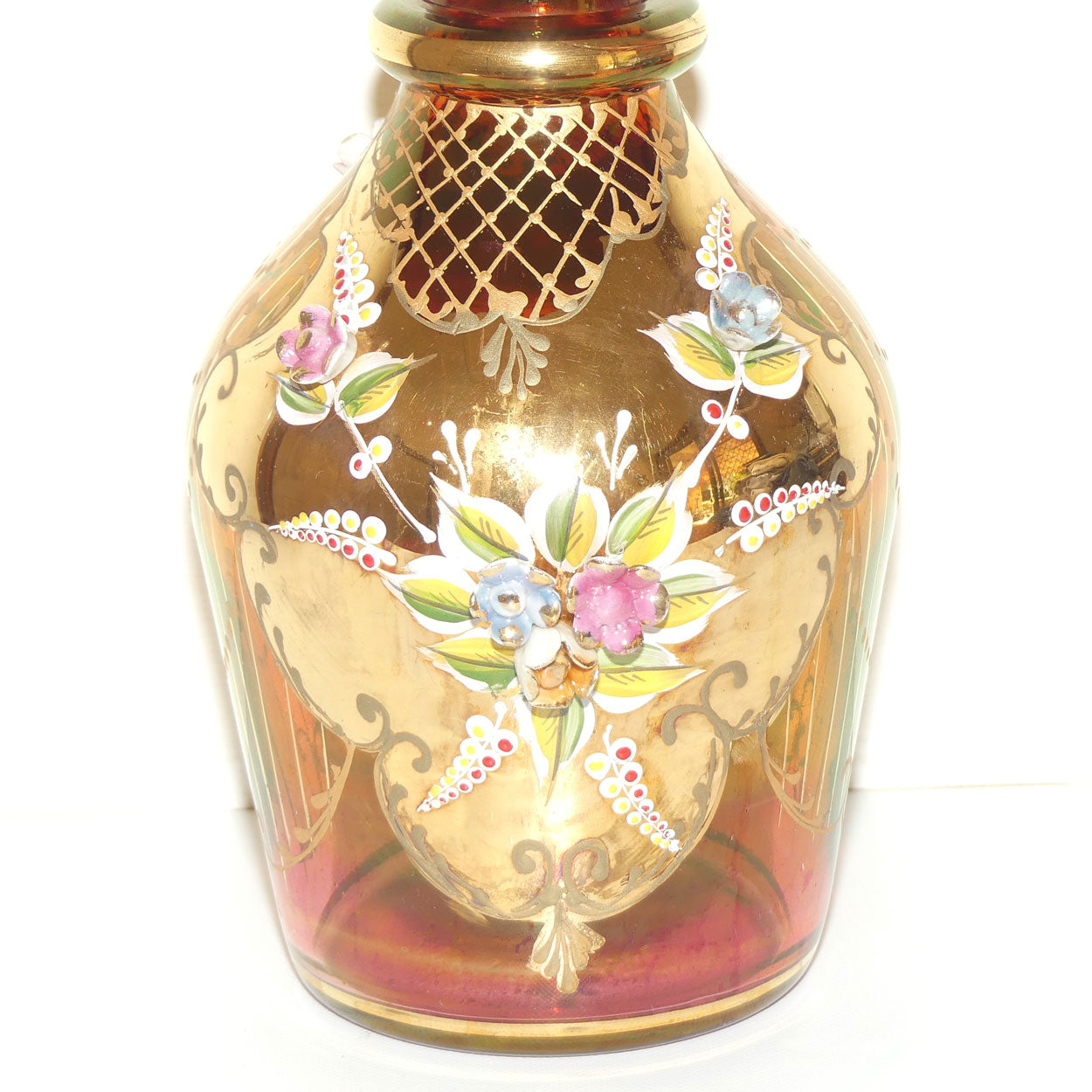 Large Bohemian Glass Hand Painted and Floral Encrusted decanter | 48cm tall | #1