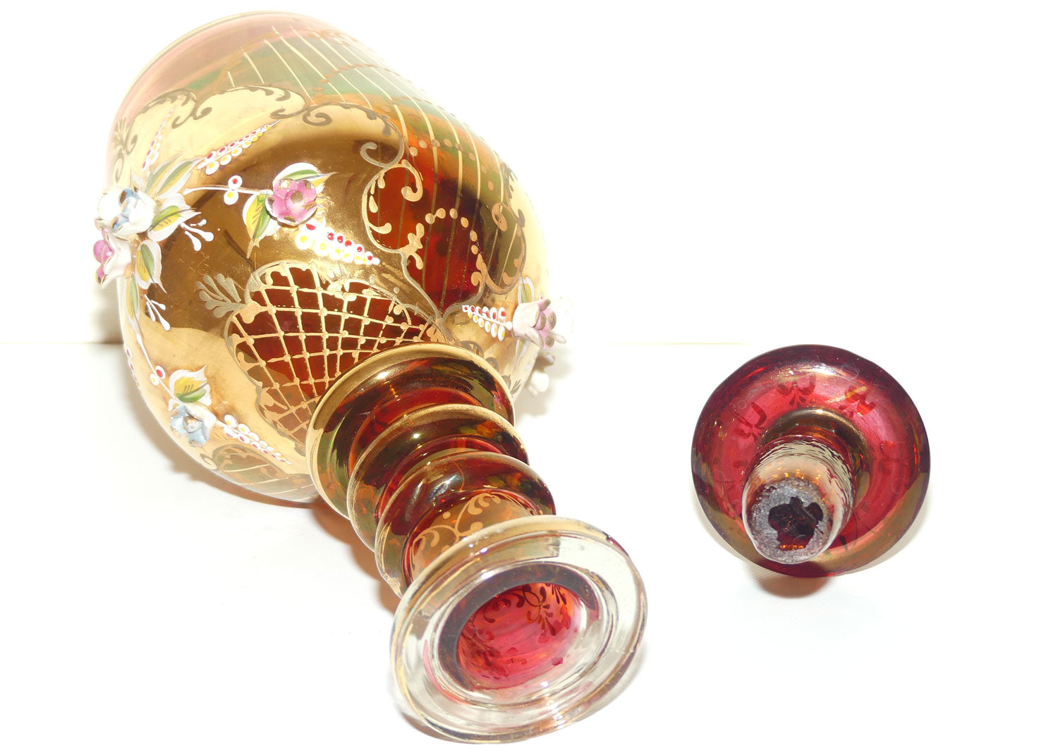 Large Bohemian Glass Hand Painted and Floral Encrusted decanter | 48cm tall | #1