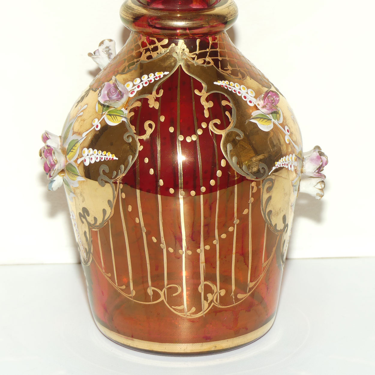 Large Bohemian Glass Hand Painted and Floral Encrusted decanter | 48cm tall | #2